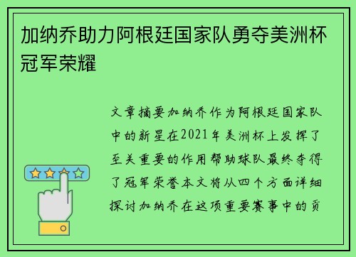 加纳乔助力阿根廷国家队勇夺美洲杯冠军荣耀 加纳乔助力阿根廷国家队勇夺美洲杯冠军荣耀